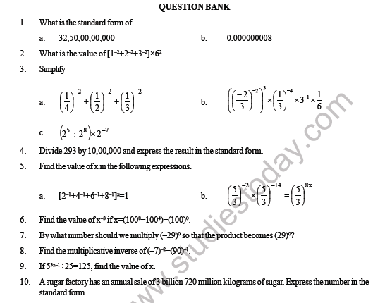 Cbse class 8 maths exponents and powers question bank